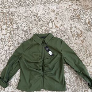 Green Ruched Zip Up Shirt